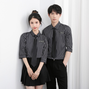 2024条纹工作服理发店夏季衬衫清吧ktv酒吧男女影楼工装定制logo