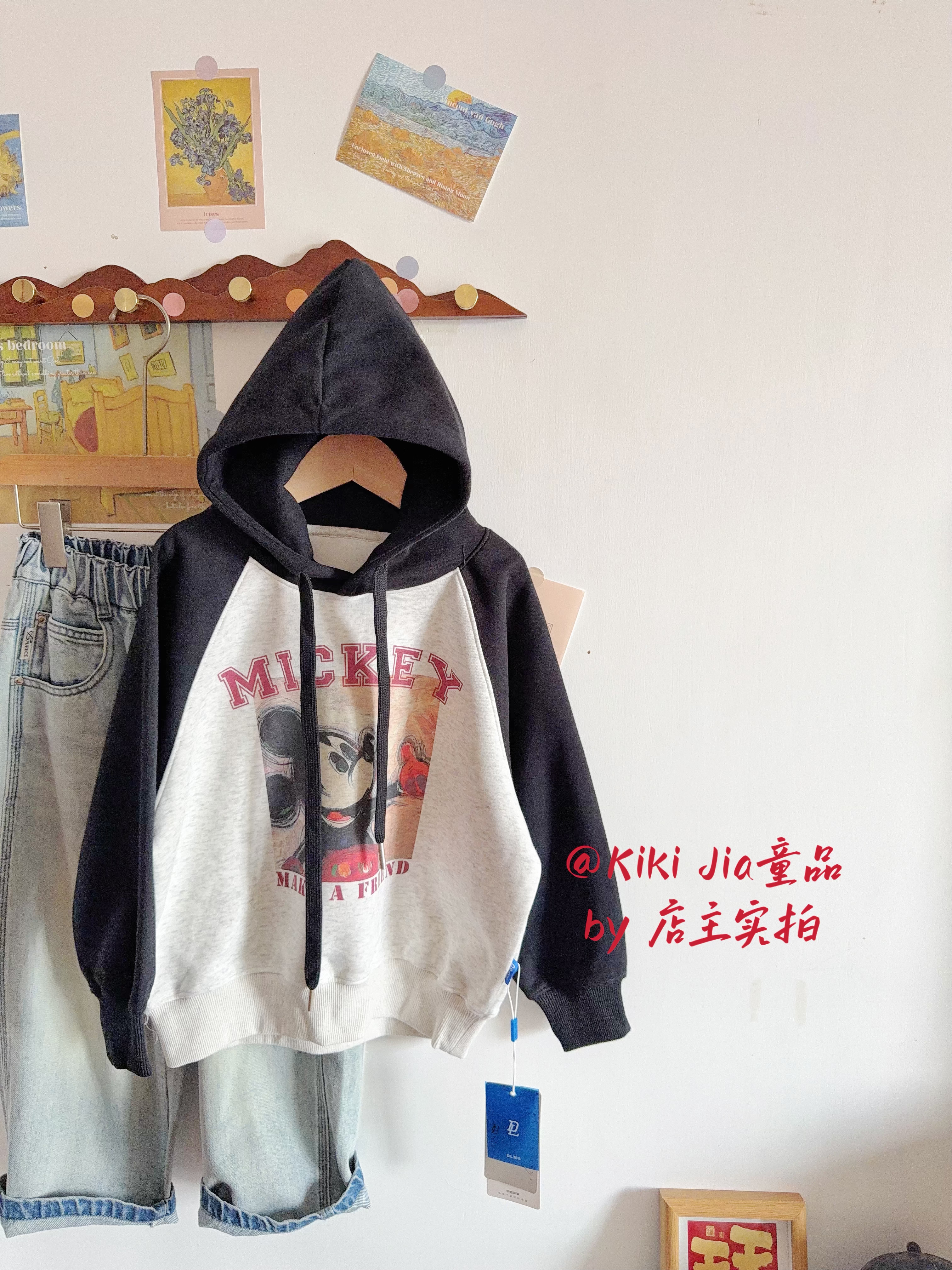 Kiki家韩版品牌儿童宽松休闲连帽卫衣 26秋断码洋气卡通印花上衣