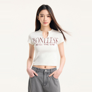 BONELESS修身U领短款复古印花T恤简约百搭显瘦夏季撞色辣妹短袖女