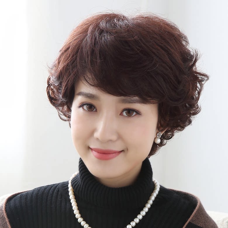 送妈妈假发女短发短卷发圆脸真人发丝自然逼真中老年真发型假发套