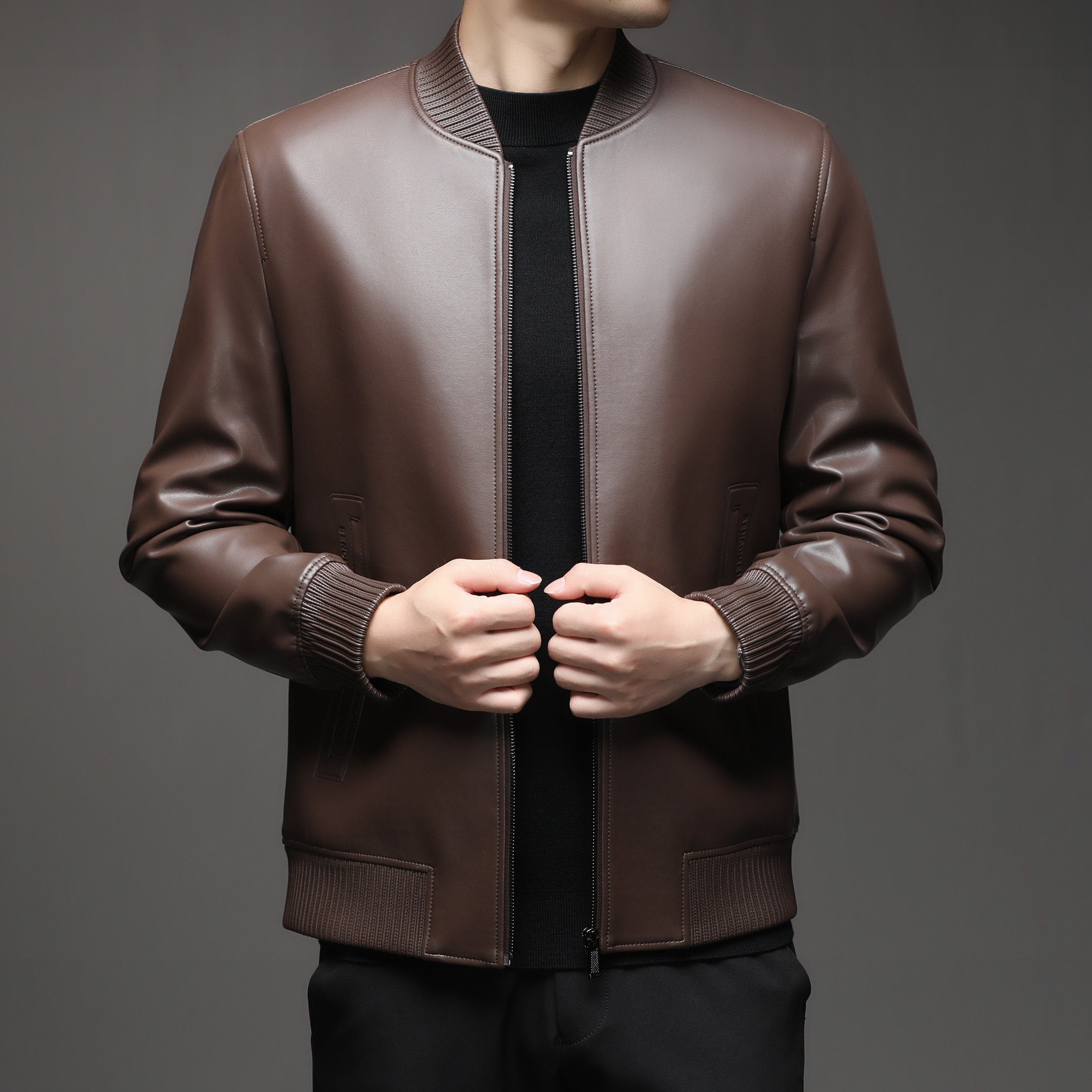 男士螺纹领棒球服皮夹克青年简约圆领PU皮皮衣外套