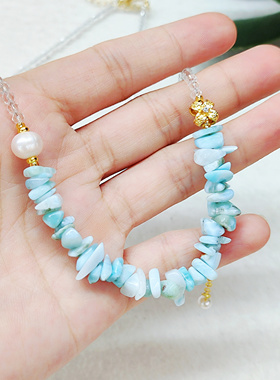 拉利玛海纹石项链diy古风小清新3mm细链水晶珍珠新款花朵锁骨链