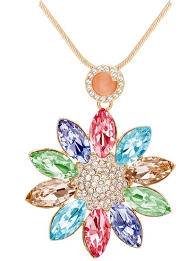 花之恋绚丽彩色浪漫镶钻向日葵水晶吊坠长款配饰女项链百搭毛衣链