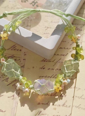 早春花环森系新款合成水晶手链手绳爆款纯手工编织网兜手链原石