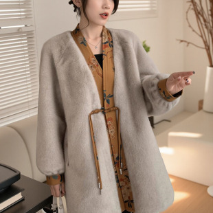 2025新款 仿水貂整貂皮毛一体大衣 国风盘扣金貂绒皮草外套女中长款