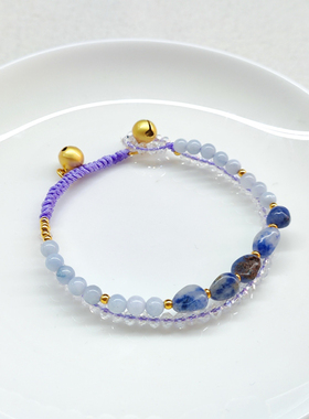 紫色水晶串珠手链高级精致铃铛吊坠原创设计手编绳叠戴高颜值转运