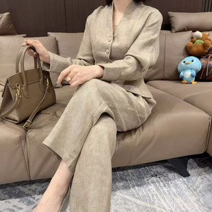 高级感轻奢中式风金丝麻显瘦通勤套装长袖两件套常规女士套装显瘦