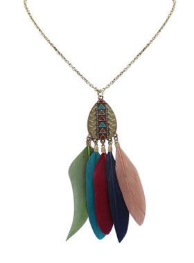 欧美水滴流苏长款复古羽毛吊坠