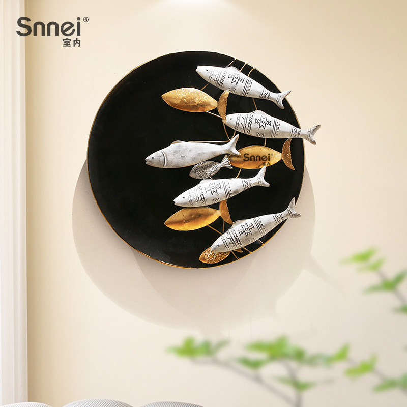 地中海风格墙面装饰挂件铁艺壁饰创意圆形挂饰儿童房立体鱼墙饰