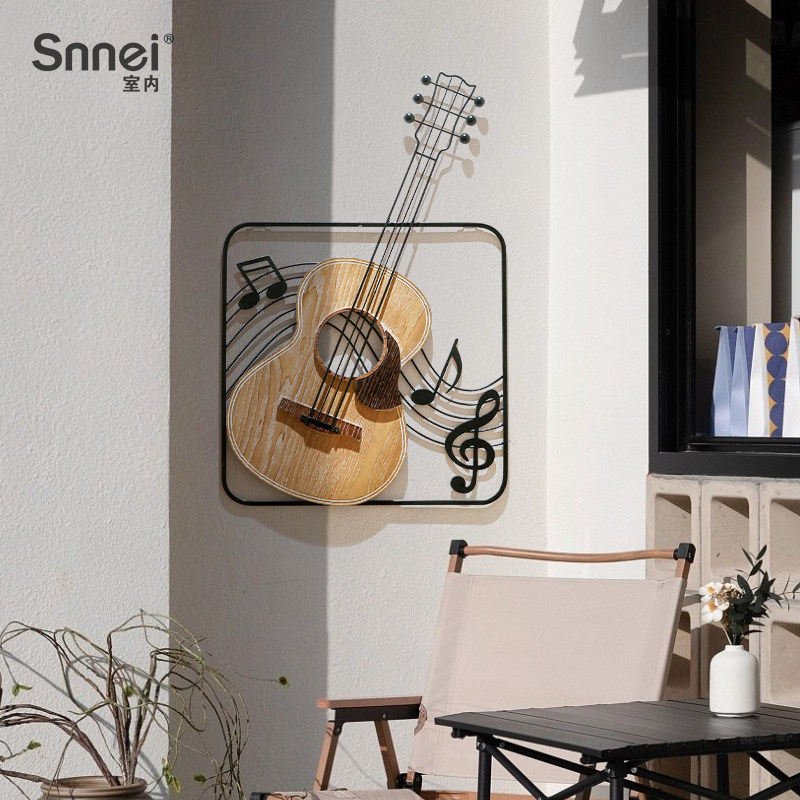 怀旧复古风客厅墙面装饰玄关走廊原木创意立体铁艺小提琴吉他壁挂