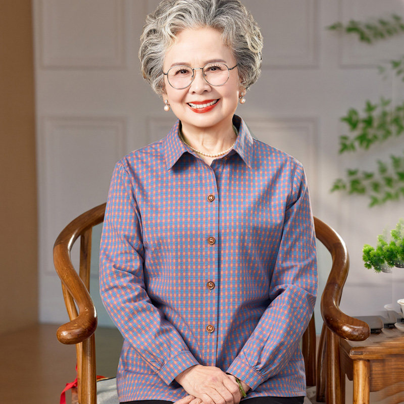 妈妈春装纯棉格子衬衫中老年人衣服女60岁70奶奶装夏季长袖老太太