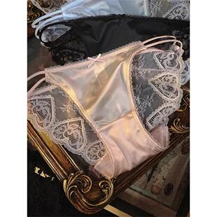 法式 女性感镂空爱心刺绣中低腰棉裆少女纯欲细带 高级缎面蕾丝内裤