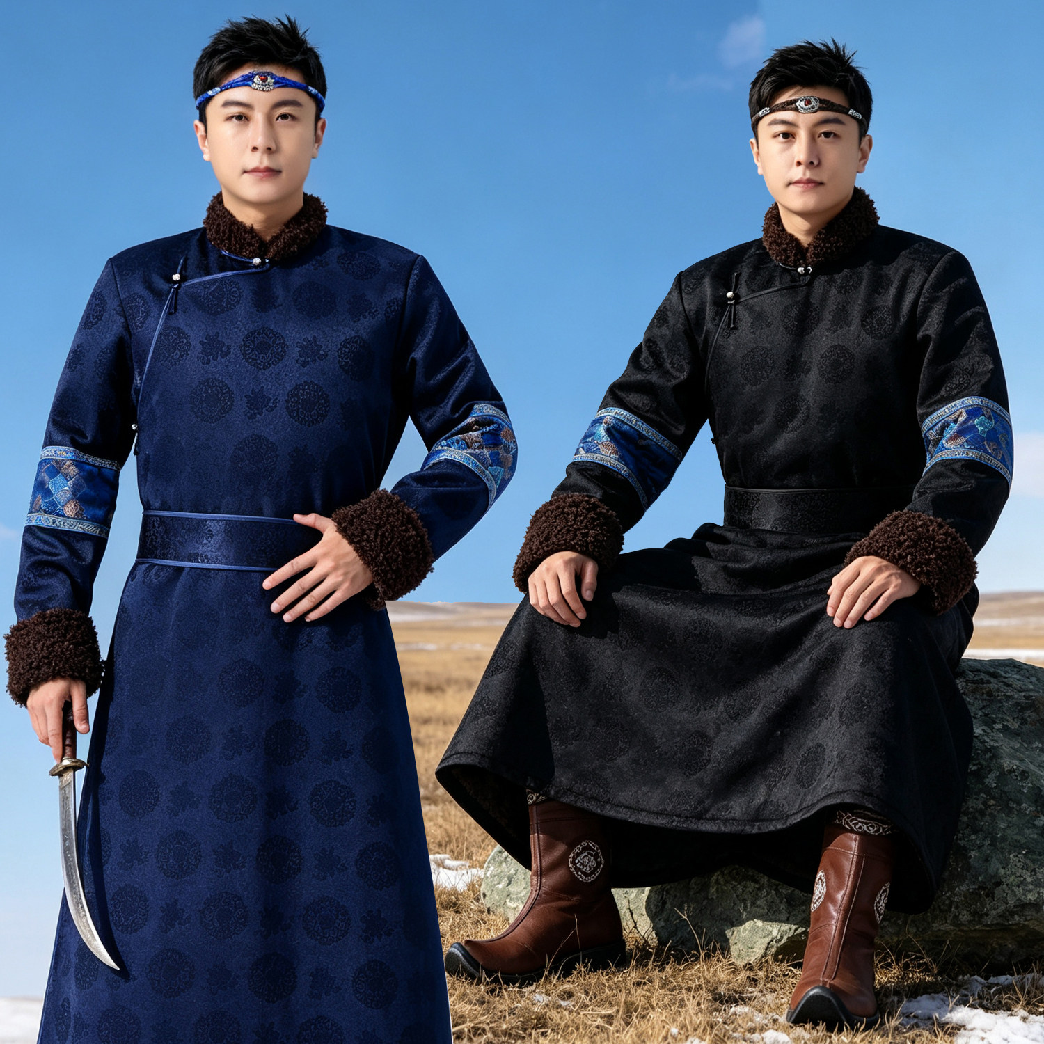 男士蒙古袍棉衣秋冬加厚加绒蒙古服装传统长袍民族风棉大衣外套
