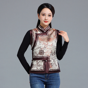 蒙古元素马甲女立领春季新品蒙古族服装锦缎短款马夹少数民族坎肩