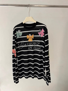 欧货春新款 甜美少女 蝴蝶结猫咪印花字母条纹T恤女 宽松长袖上衣