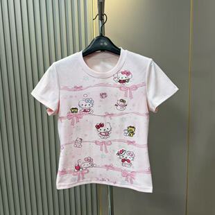 2026夏季新款圆领减龄可爱风kitty猫印花刺绣短袖T恤女修身上衣
