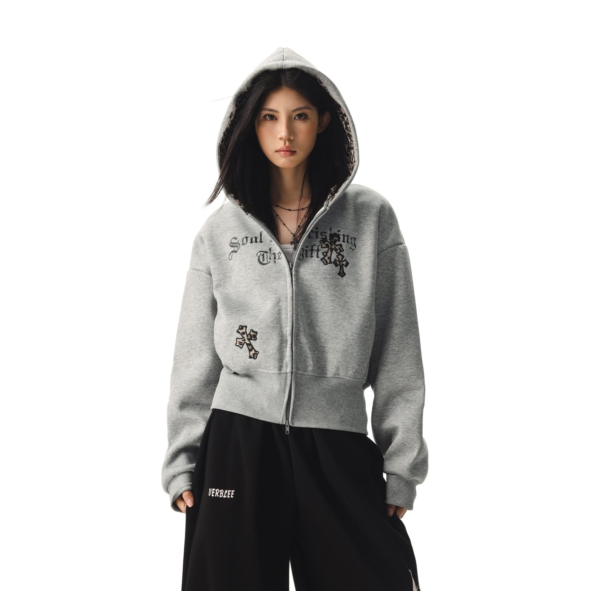 CTB啤酒队长 秋冬季美式复古豹纹字母印花卫衣女重磅短款帽衫外套