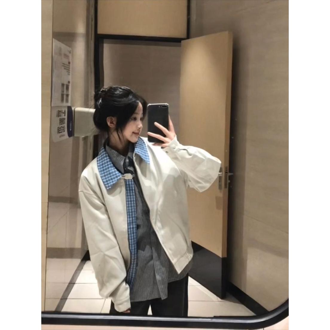 假两件格子翻领哈林顿早秋穿搭潮牌棒球服短款外套