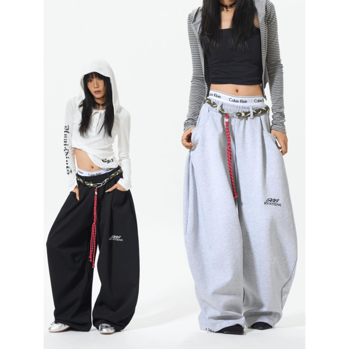 PRMR 美式复古多运动miu系卫裤宽松弯刀裤baggy裤绑带休闲长裤