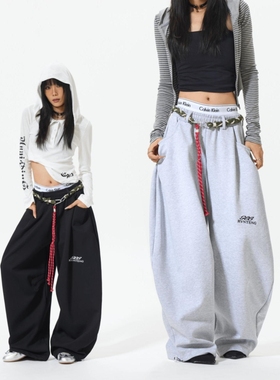 PRMR 美式复古多运动miu系卫裤宽松弯刀裤baggy裤绑带休闲长裤