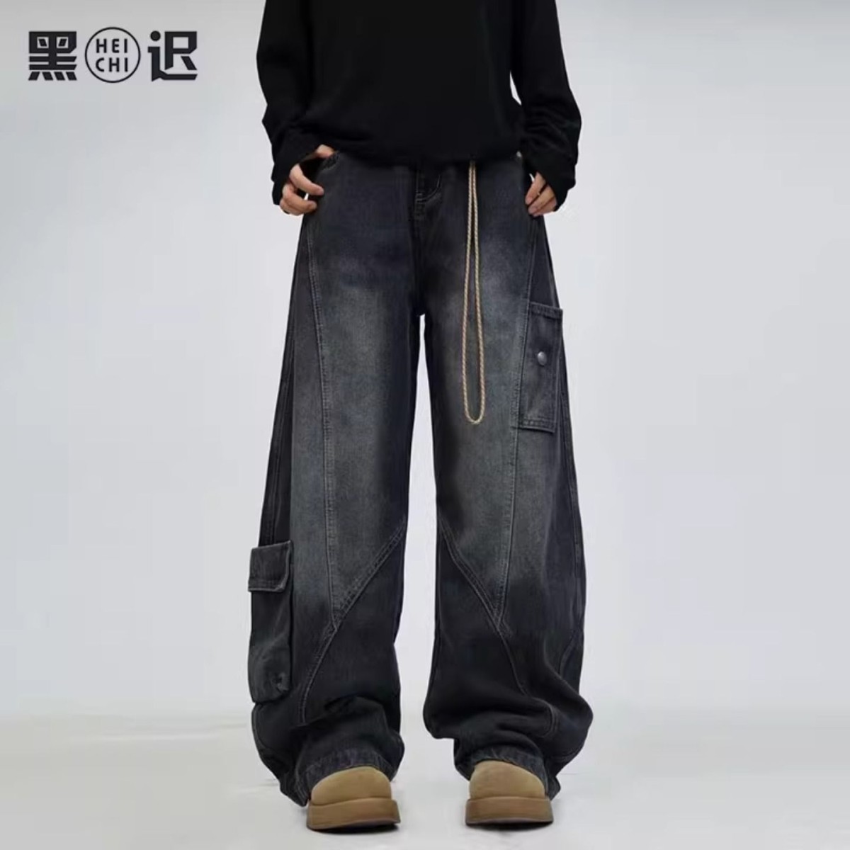 美式复古水洗做旧解构设计感牛仔裤男潮牌痞帅宽松直筒阔腿弯刀裤
