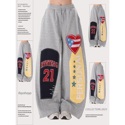 Rayohopp复古贴布爱心刺绣休闲裤女2025秋季新款显瘦直筒阔腿裤潮