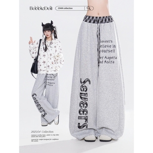 BubbleDoll美式复古格纹拼接字母弯刀休闲裤女潮牌运动宽松阔腿裤