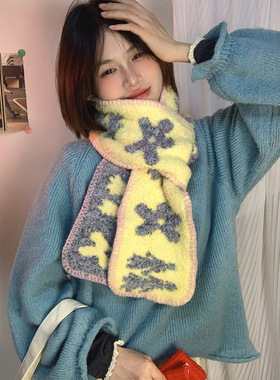 2025新款花朵双面围巾女生冬天厚保暖百搭围脖学生氛围感黄色灰色