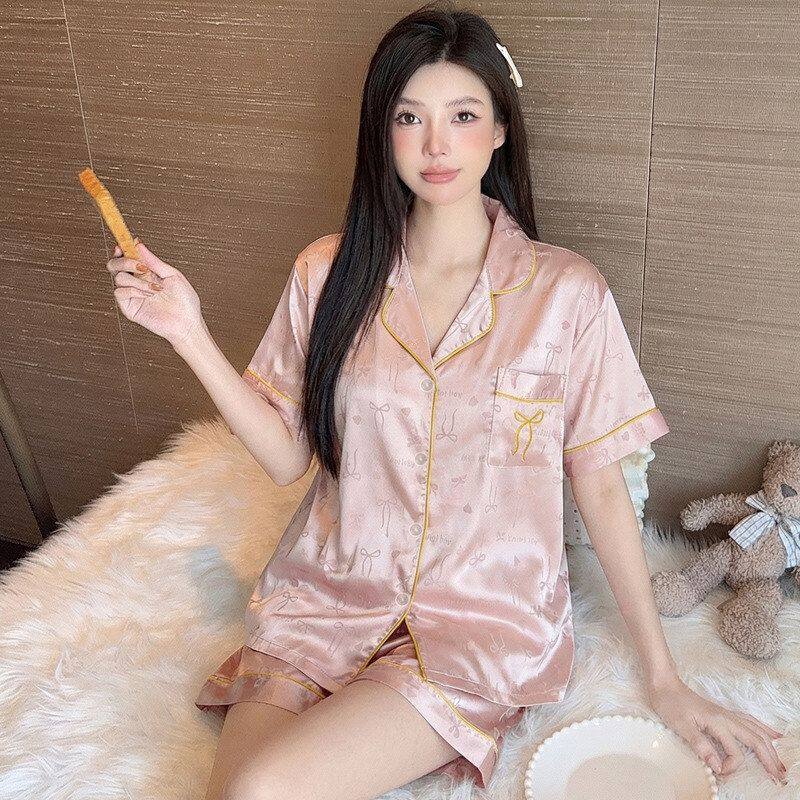 蝴蝶结休闲女ins冰丝两件套短袖睡衣提花奢华甜美短裤家居服