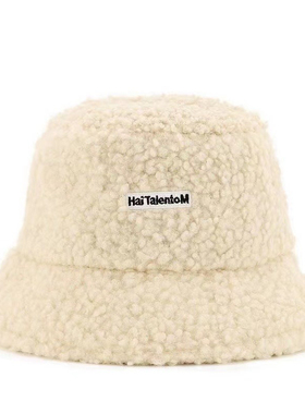 帽子女秋冬日系羊羔毛刺绣字母保暖百搭渔夫帽韩版时尚毛绒盆帽子