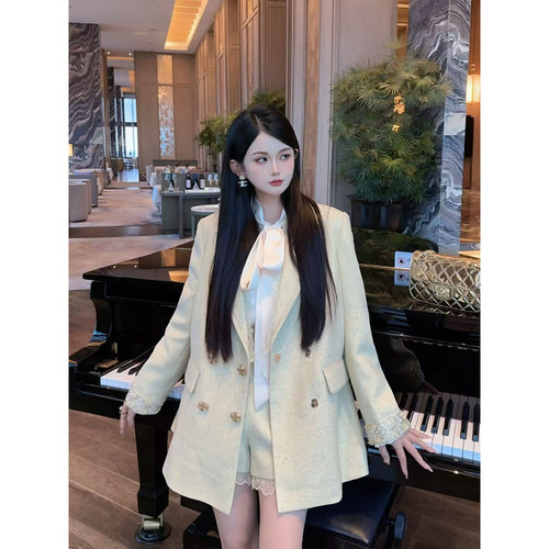 【烟火星辰】郭郭原创小香风蕾丝西装外套女短裤气质两件套装