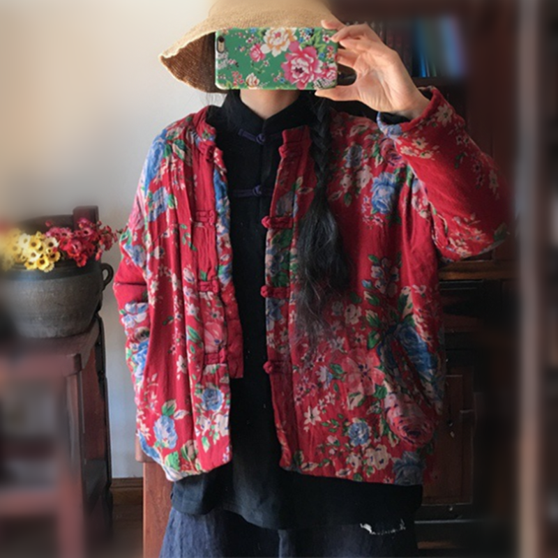 原创中式风连肩袖立领盘扣棉衣