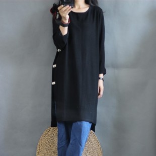 包邮 侧盘扣长袖 2025新款 复古禅意暗纹棉麻个性 连衣裙袍子 女装