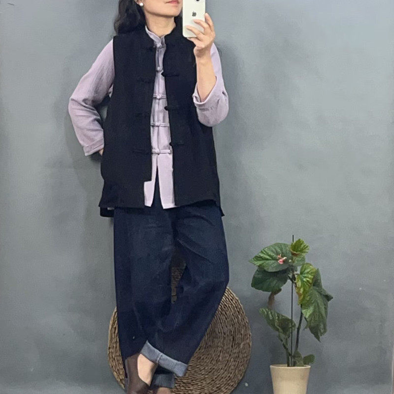 春新款原创设计棉麻女装盘扣宽松中式提花面料短马夹
