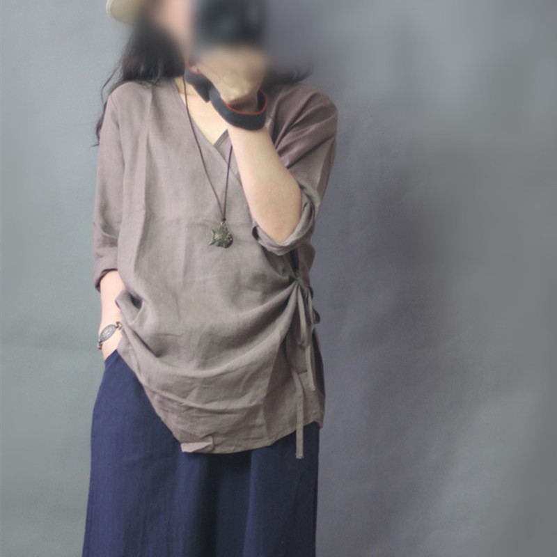 苎麻v领斜襟系带文艺汉服式上衣