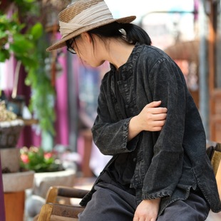 打底衬衫 春季 盘扣全棉长袖 落古泥复古立领中式 2027炒色黑 新款