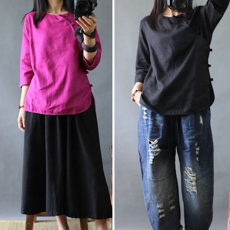 2019 Spring and summer Cotton shirt female Retro Ethnic style Original Chinese style frog literature jacket cheongsamin the Women's clothing/Boutique , Shirt  category - from Buy2taobao.com to provide professional Taobao agent buy service