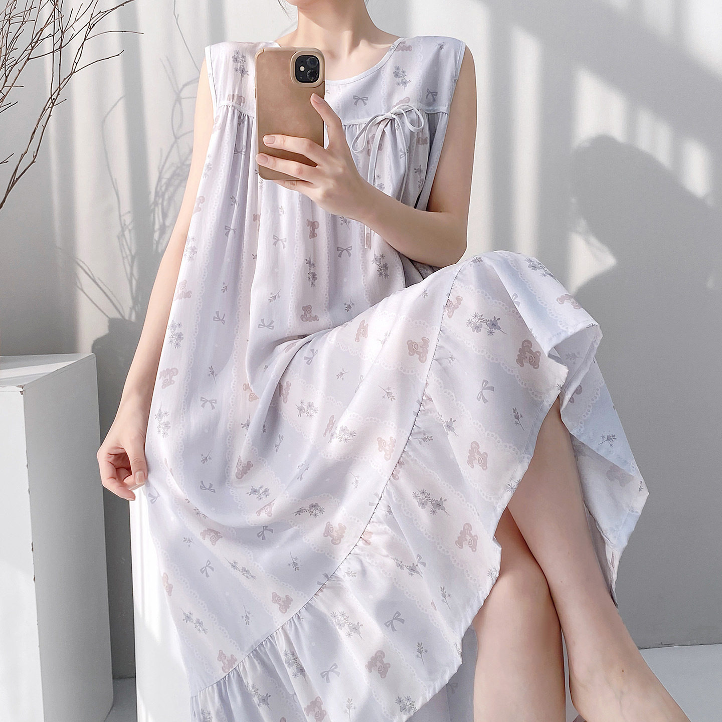 韩版小清新棉绸睡裙女夏荷叶边可外穿棉绸家居服甜美背心裙度假风