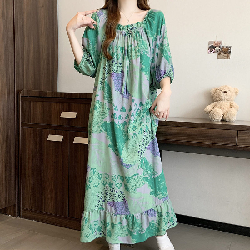 新中式国风棉绸睡裙女夏短袖娃娃领宽松中长款家居服可外穿绵绸裙