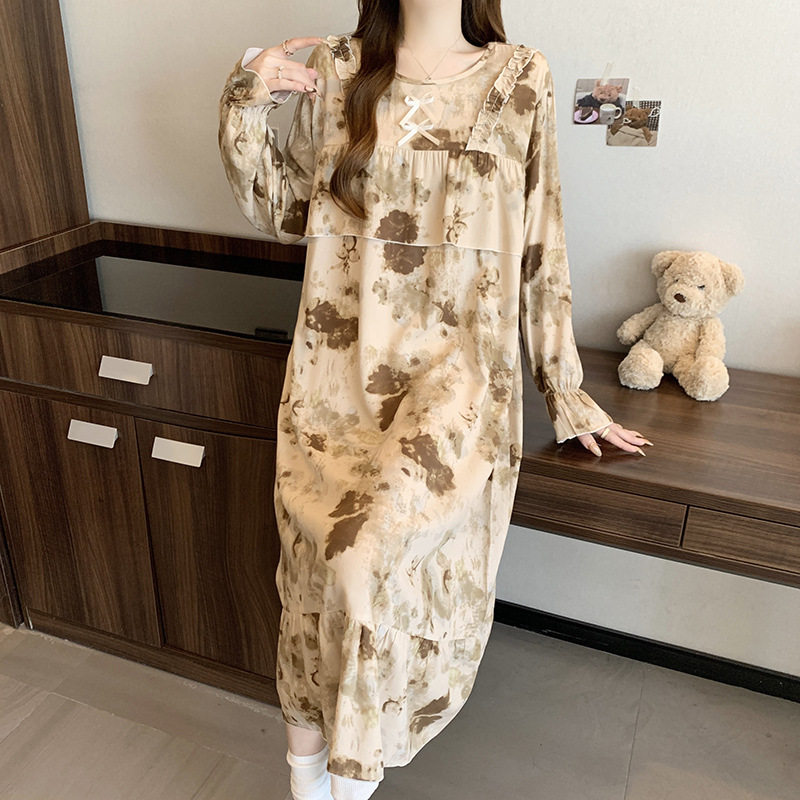 防凸点睡衣女春秋季绵绸高级感轻奢碎花复古国风睡裙棉绸家居服夏