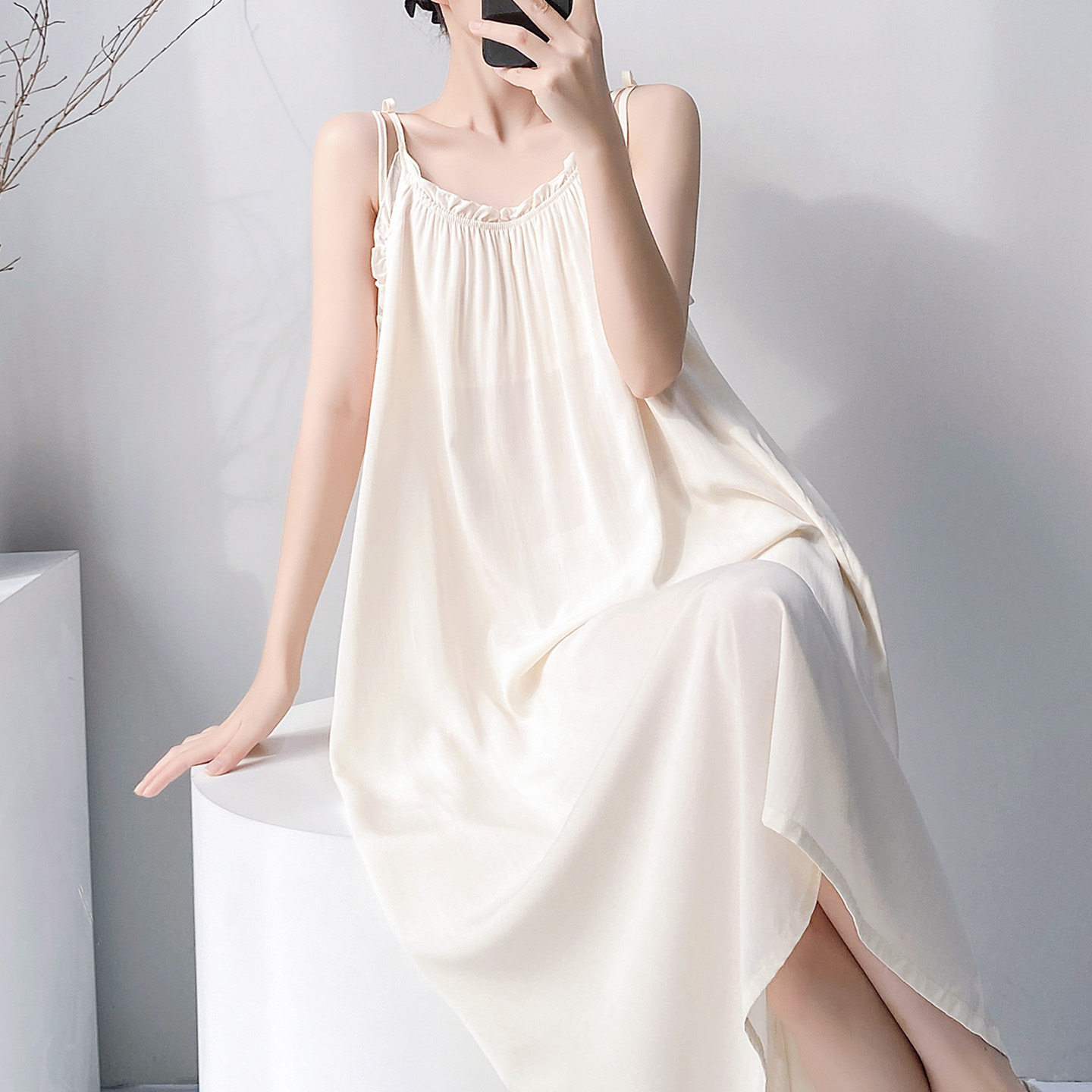 棉绸吊带睡裙女春夏季薄款甜美少女长款可外穿家居服连衣裙绵绸裙