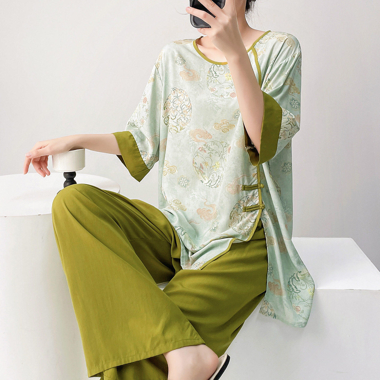 改良汉服棉绸睡衣女春夏薄款印花可外穿家居服宽松高级感绵绸套装