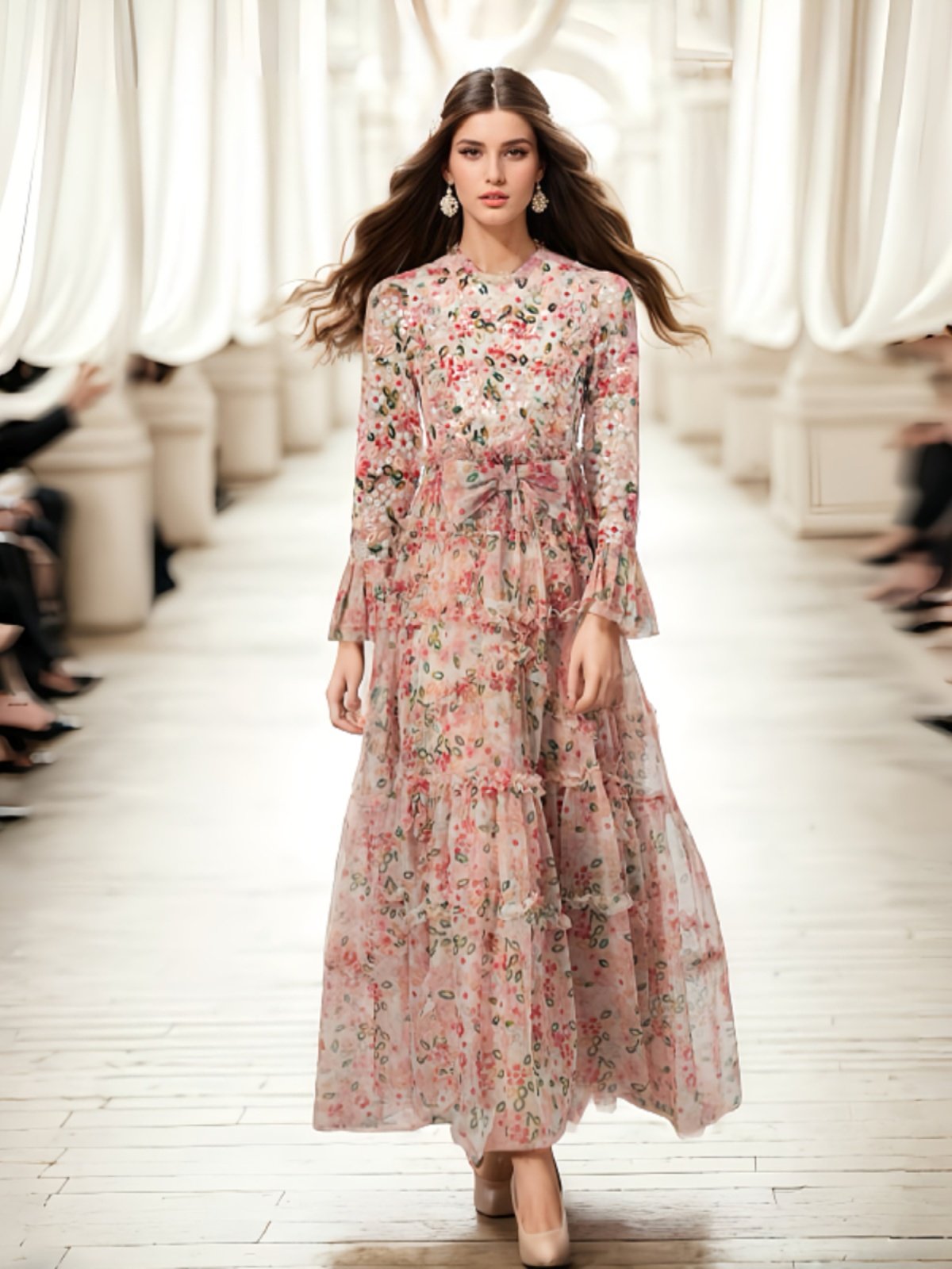 French Retro Round neck high-end temperament Sequins Embroidery Gauze Big swing Dress Long sleeve Close your waist have more cash than can be accounted for skirt new