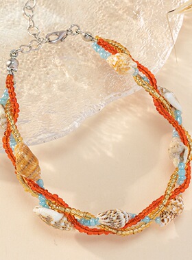 民族风复古手工串珠海螺编织手链女波西米亚海洋风可调节大小手圈