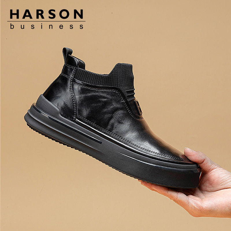 哈森2025冬季新款百搭男士切尔西一脚蹬袜子口马丁靴男士休闲棉鞋