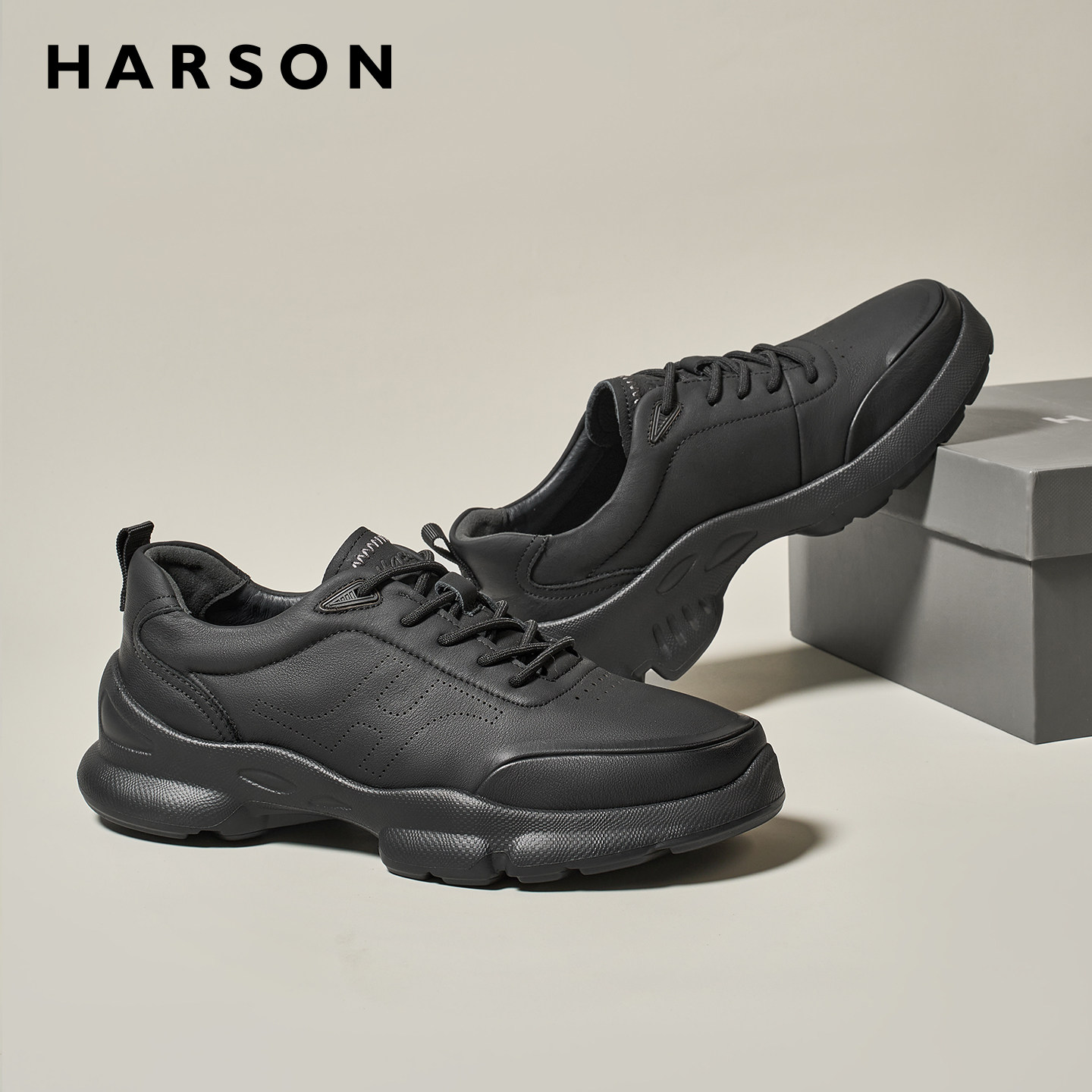 哈森男鞋春季新款真皮运动鞋男士商务休闲皮鞋大码黑色公务通勤鞋