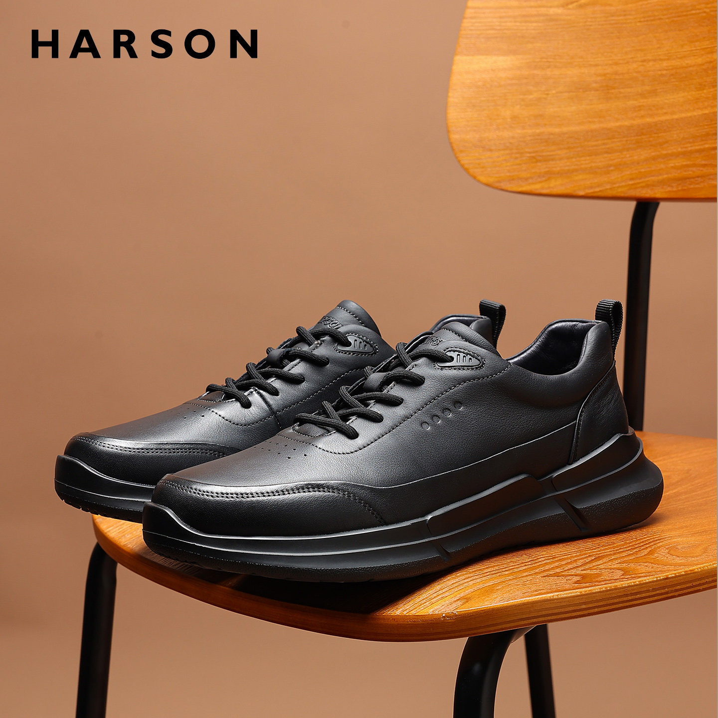 哈森男鞋春季鞋子黑色公务通勤鞋商务休闲皮鞋男士真皮运动鞋软底