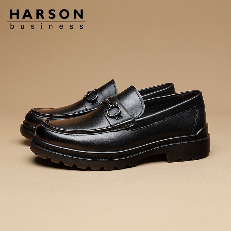 哈森男鞋春秋款套脚真皮乐福鞋