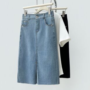 大码半身裙女200斤胖mm春夏高腰显瘦弹力开叉A版简约百搭包臀裙子