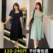 中长简约连衣裙 200斤夏季 女装 胖mm绿色方领收腰显瘦气质法式 大码